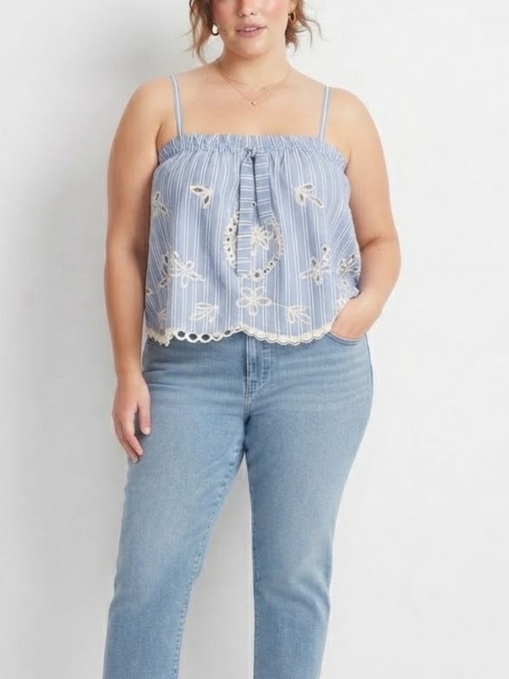 Maeve Anthropologie Striped Eyelet Scalloped Cami Blouse Blue White🧡